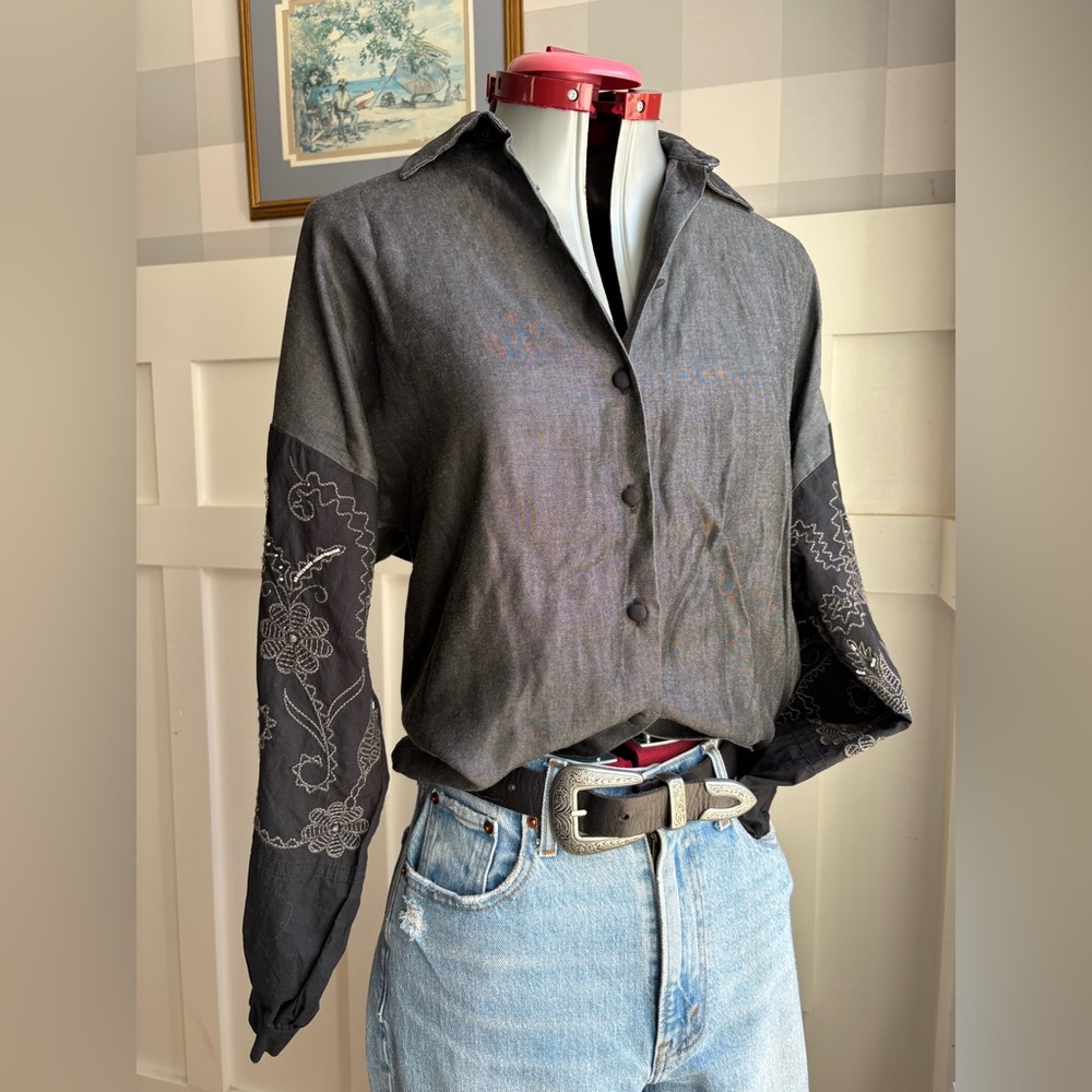 Zara Boho Western Charcoal Shirt‎ with Embroidered Sleeves Size Small